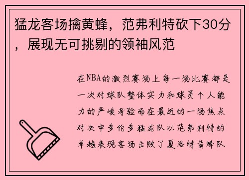 猛龙客场擒黄蜂，范弗利特砍下30分，展现无可挑剔的领袖风范
