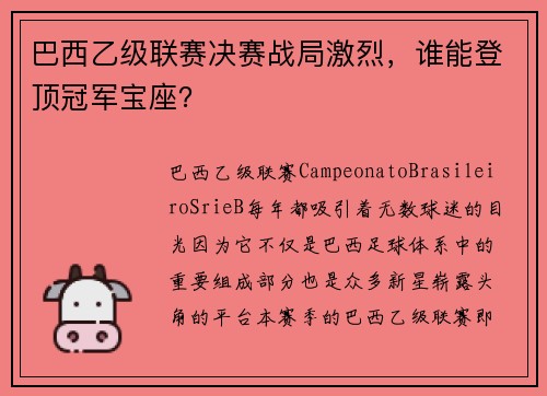 巴西乙级联赛决赛战局激烈，谁能登顶冠军宝座？