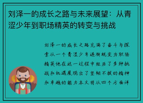 刘泽一的成长之路与未来展望：从青涩少年到职场精英的转变与挑战